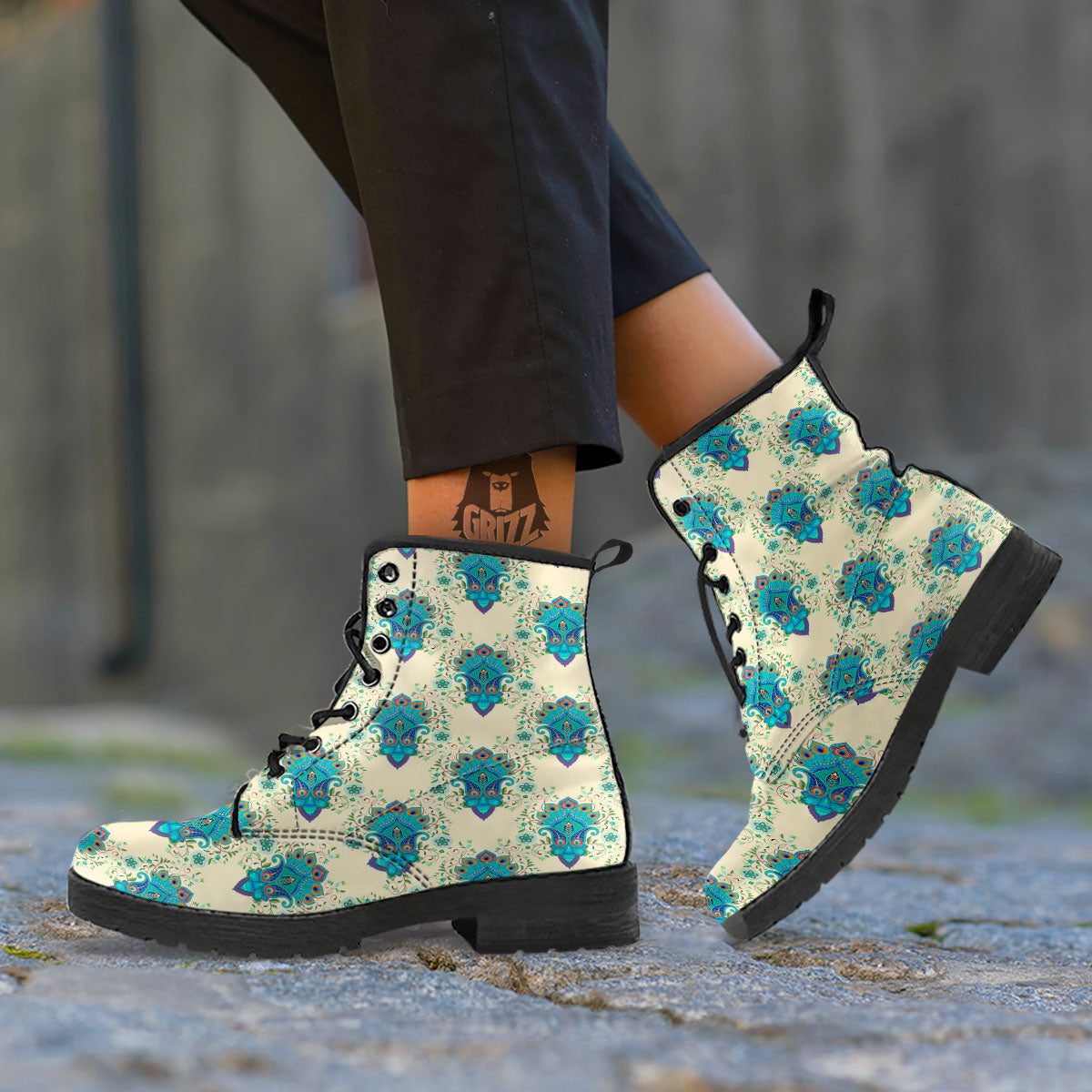 Peacock Feather Vintage Print Pattern Leather Boots-grizzshop