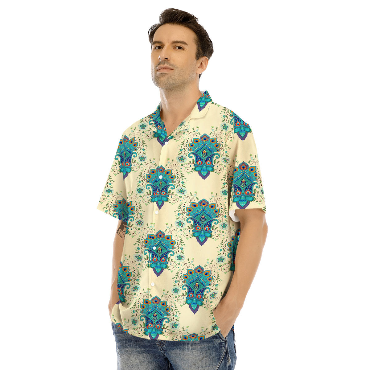 Peacock Feather Vintage Print Pattern Men's Hawaiian Shirt-grizzshop