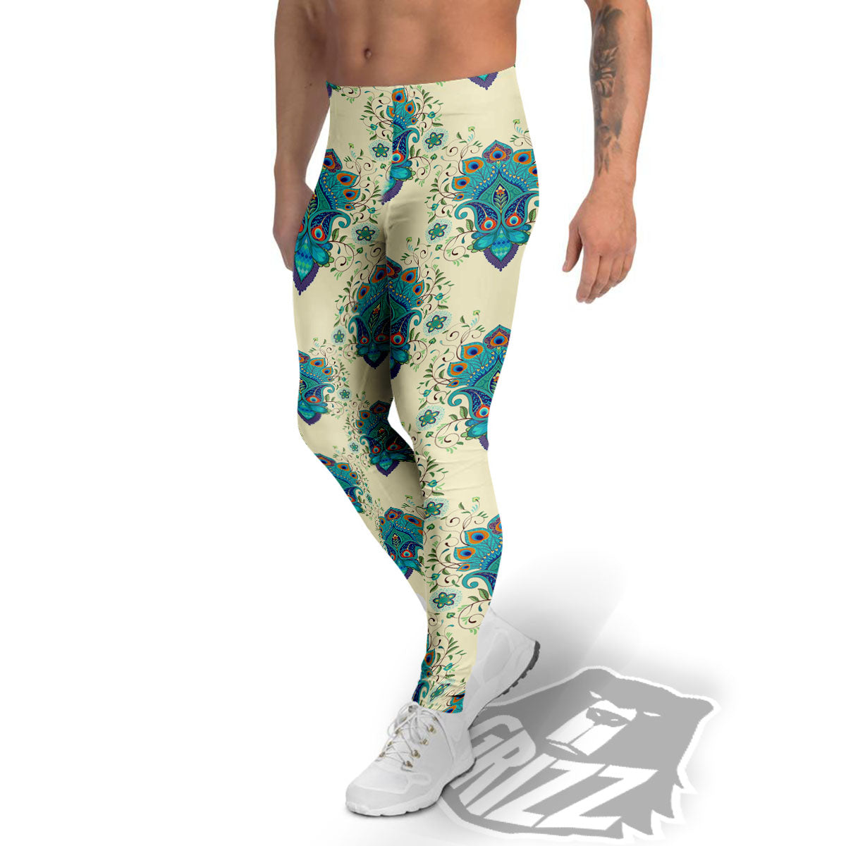 Peacock Feather Vintage Print Pattern Men's Leggings-grizzshop