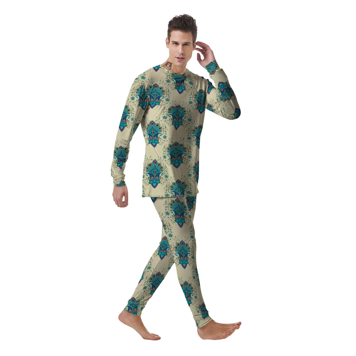 Peacock Feather Vintage Print Pattern Men's Pajamas-grizzshop