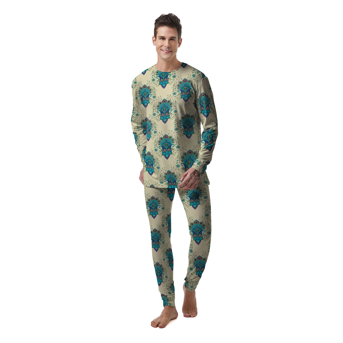 Peacock Feather Vintage Print Pattern Men's Pajamas-grizzshop