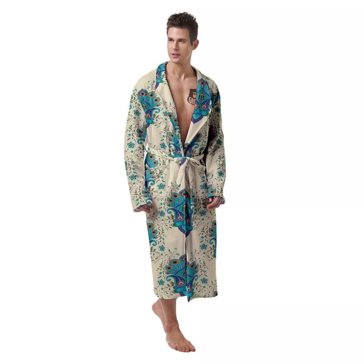 Peacock Feather Vintage Print Pattern Men's Robe-grizzshop