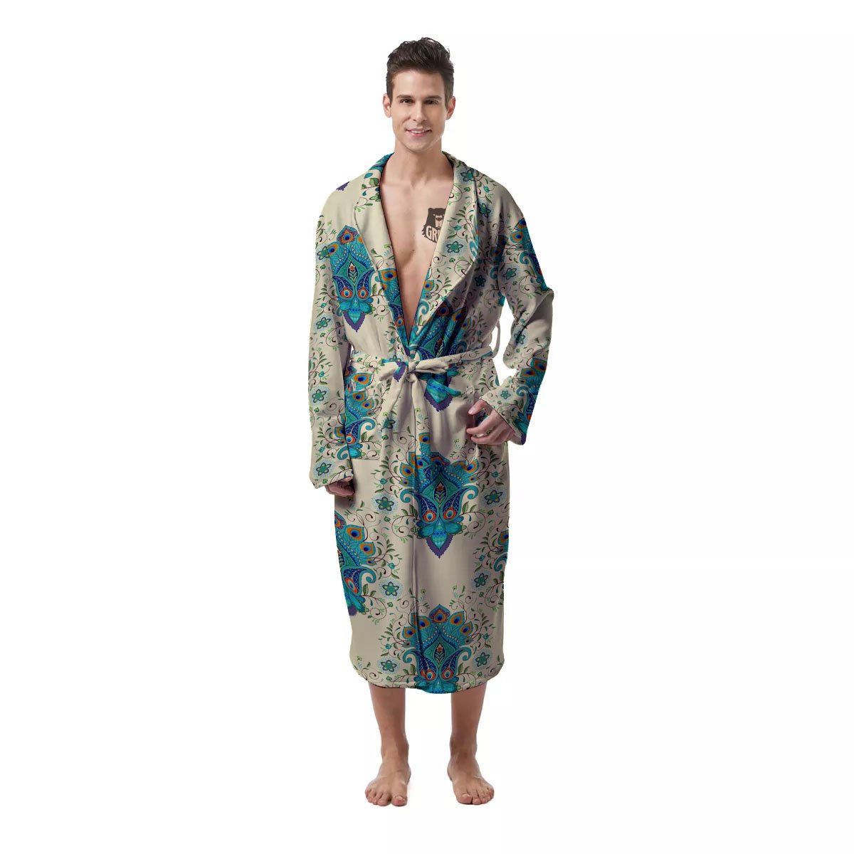 Peacock Feather Vintage Print Pattern Men's Robe-grizzshop