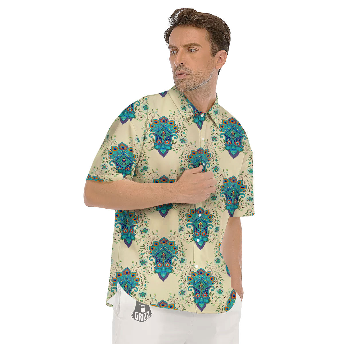 Peacock Feather Vintage Print Pattern Men's Short Sleeve Shirts-grizzshop