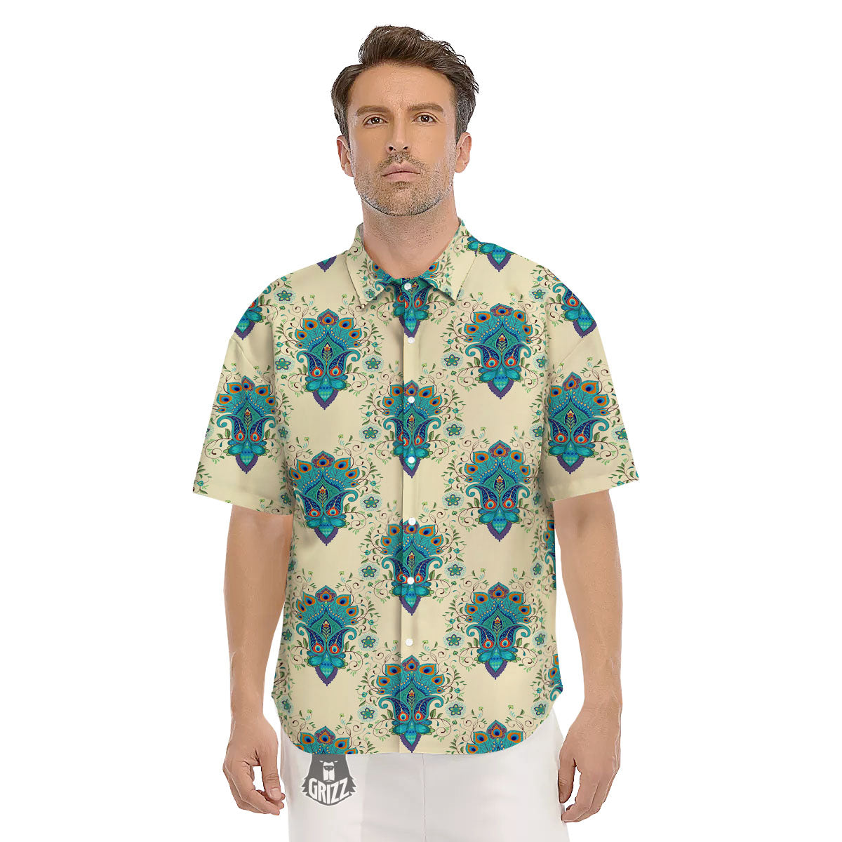 Peacock Feather Vintage Print Pattern Men's Short Sleeve Shirts-grizzshop