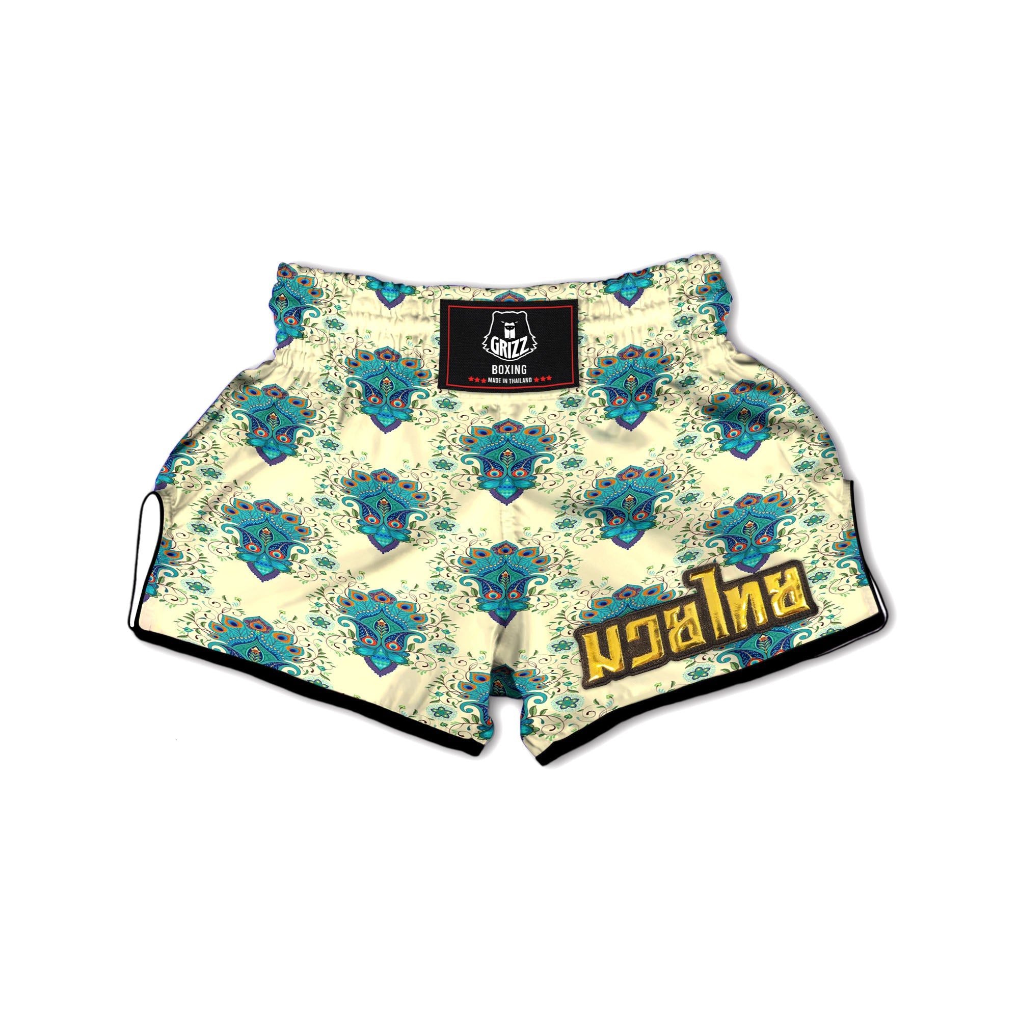 Peacock Feather Vintage Print Pattern Muay Thai Boxing Shorts-grizzshop