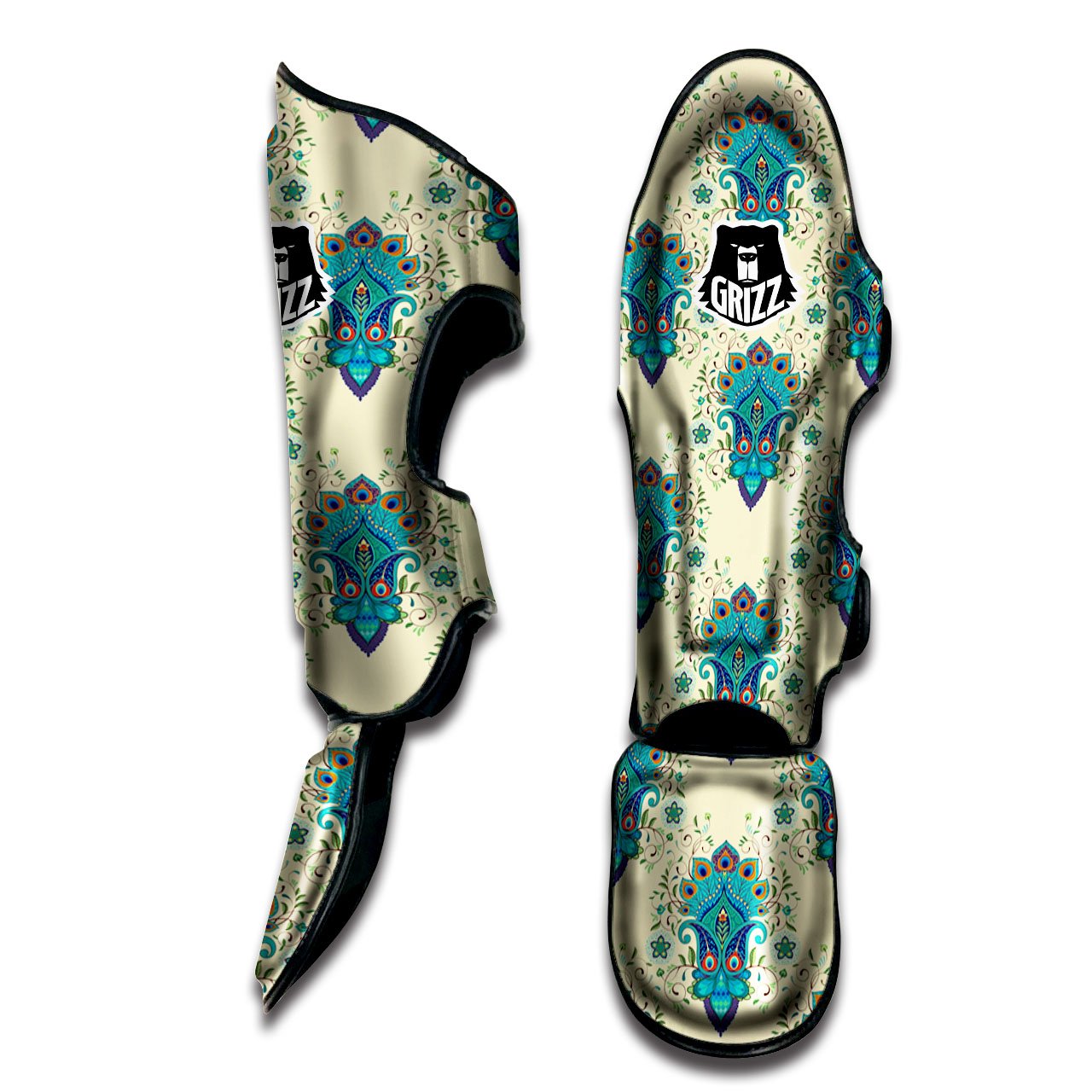 Peacock Feather Vintage Print Pattern Muay Thai Shin Guards-grizzshop