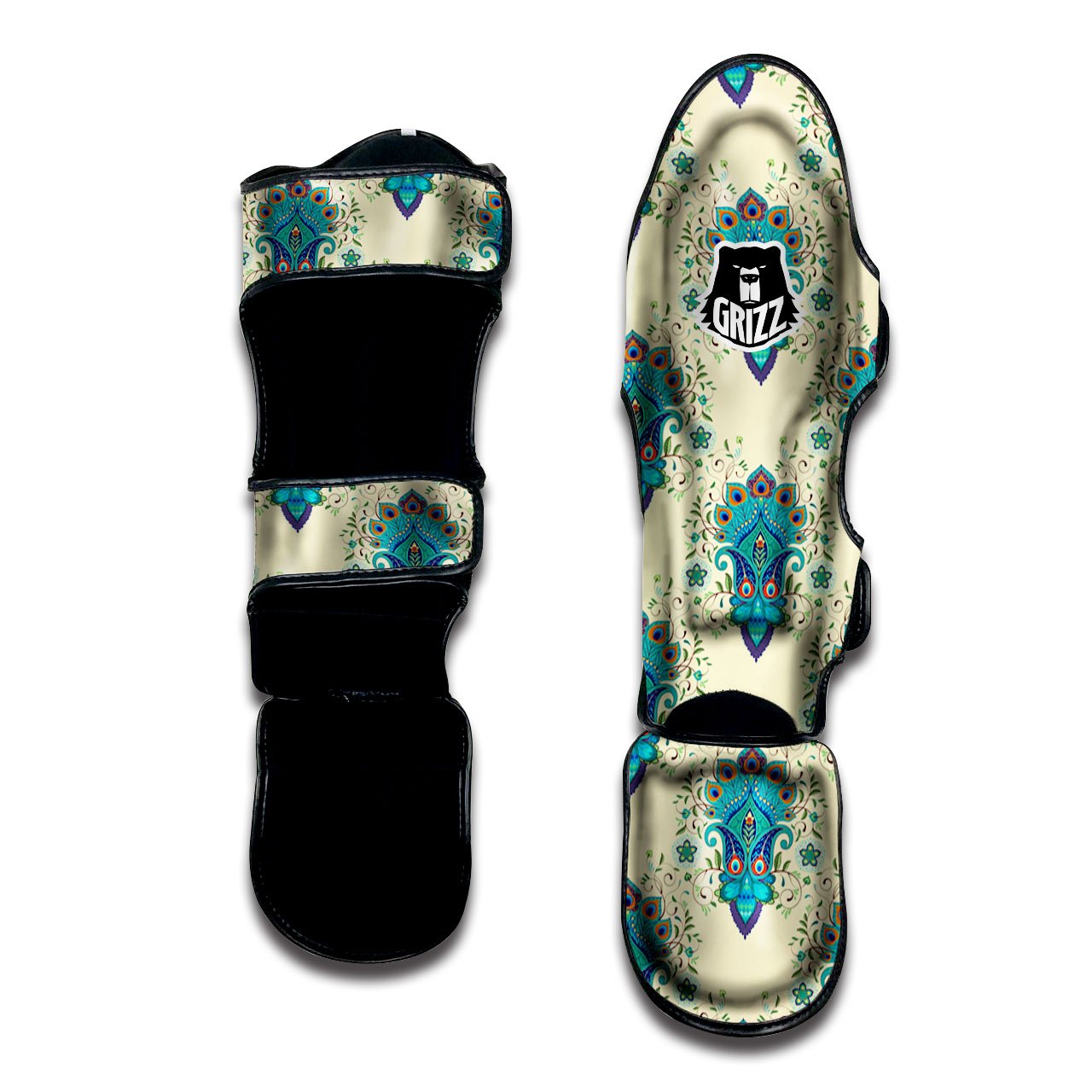 Peacock Feather Vintage Print Pattern Muay Thai Shin Guards-grizzshop