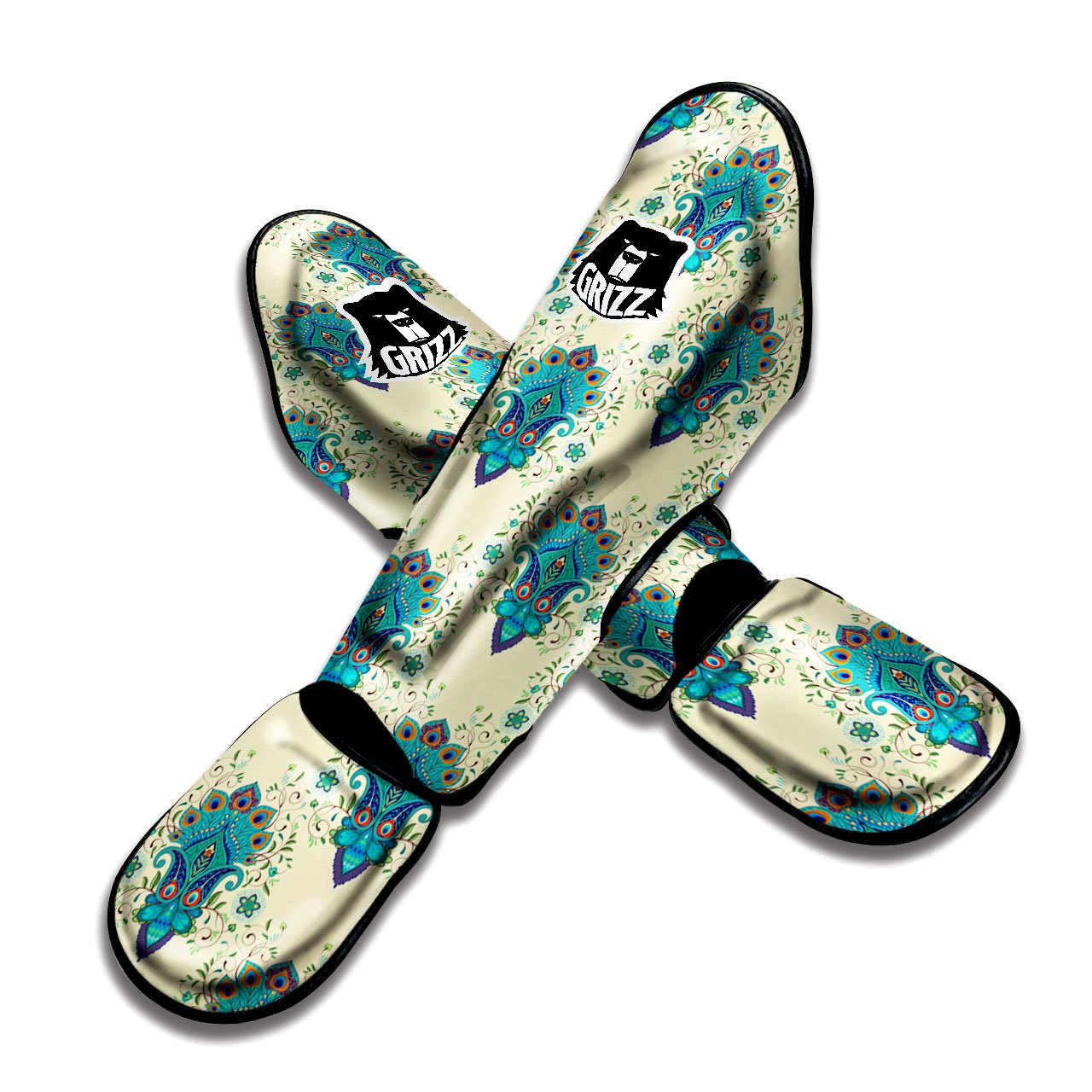 Peacock Feather Vintage Print Pattern Muay Thai Shin Guards-grizzshop