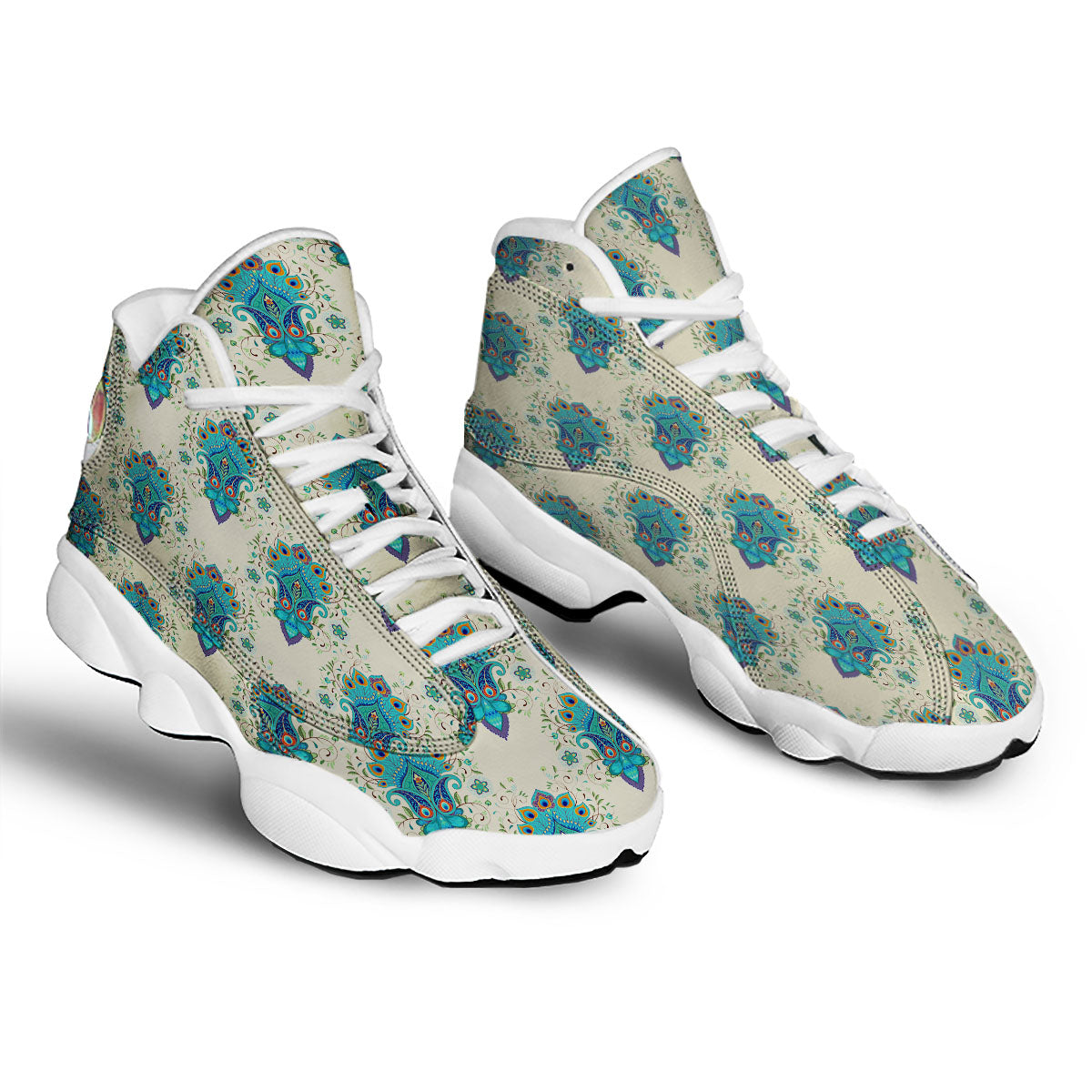 Peacock Feather Vintage Print Pattern White Basketball Shoes-grizzshop