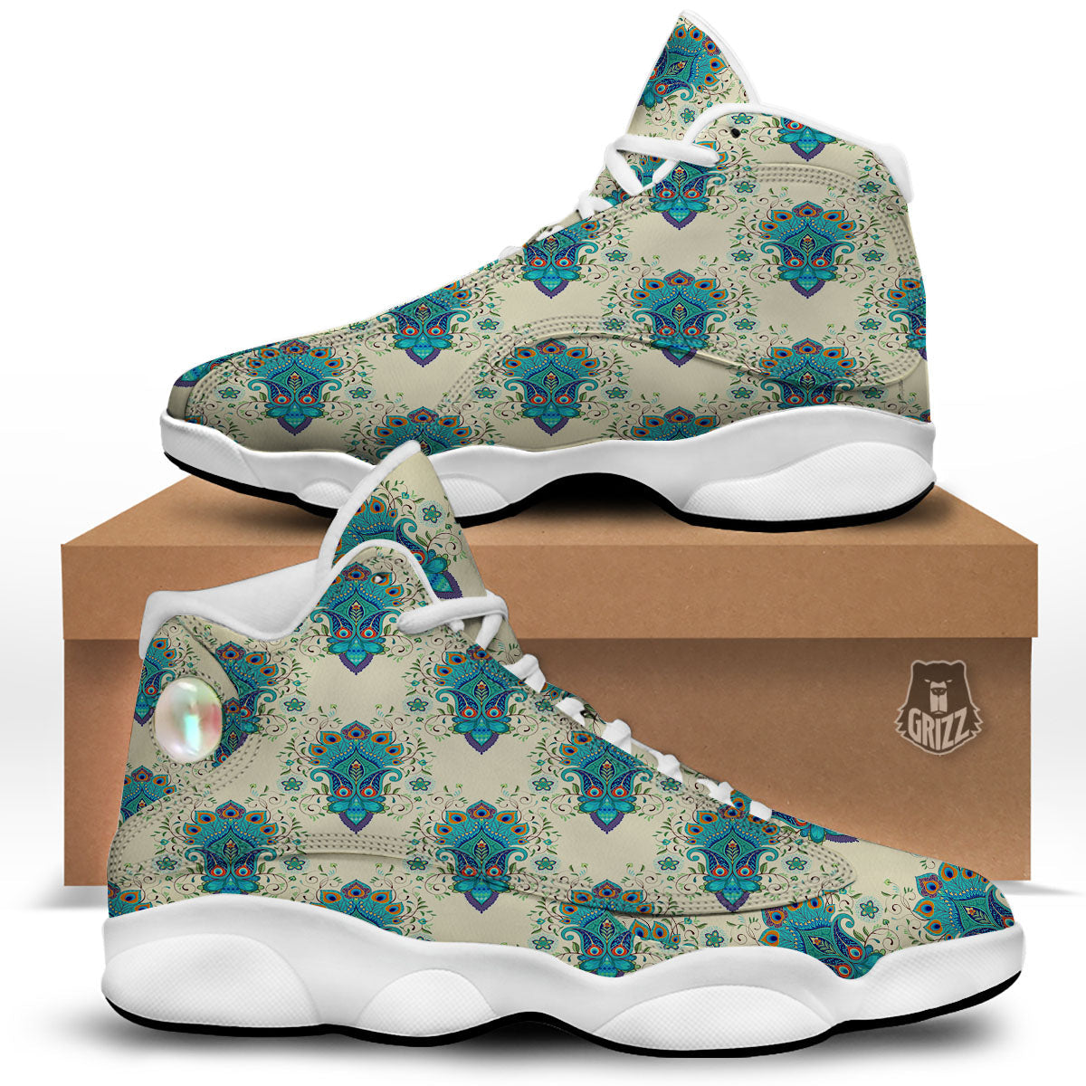 Peacock Feather Vintage Print Pattern White Basketball Shoes-grizzshop