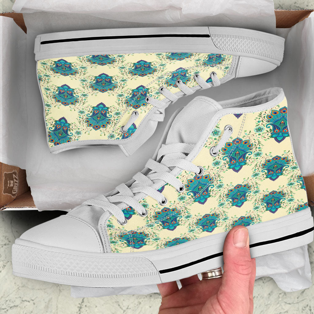 Peacock Feather Vintage Print Pattern White High Top Shoes-grizzshop