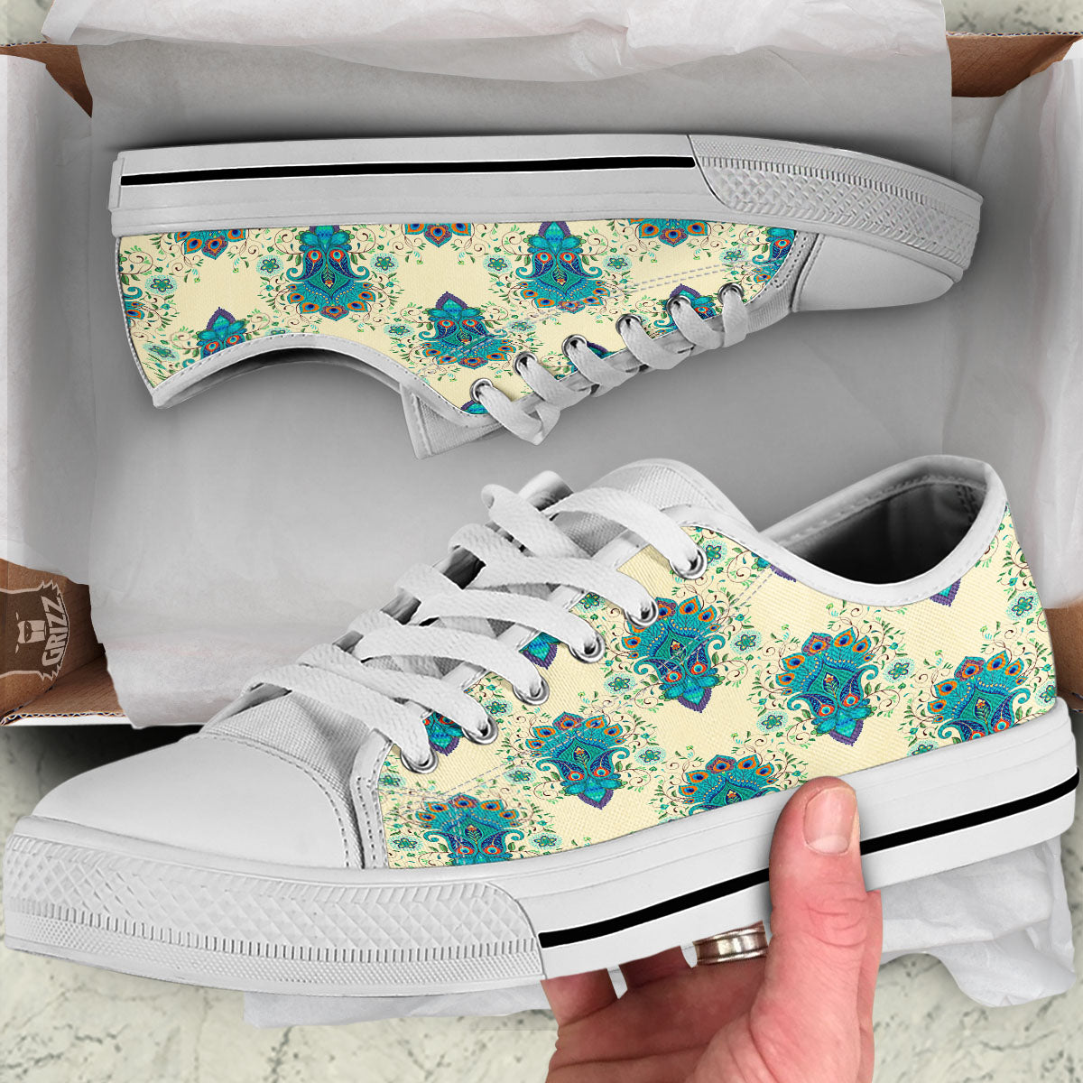 Peacock Feather Vintage Print Pattern White Low Top Shoes-grizzshop