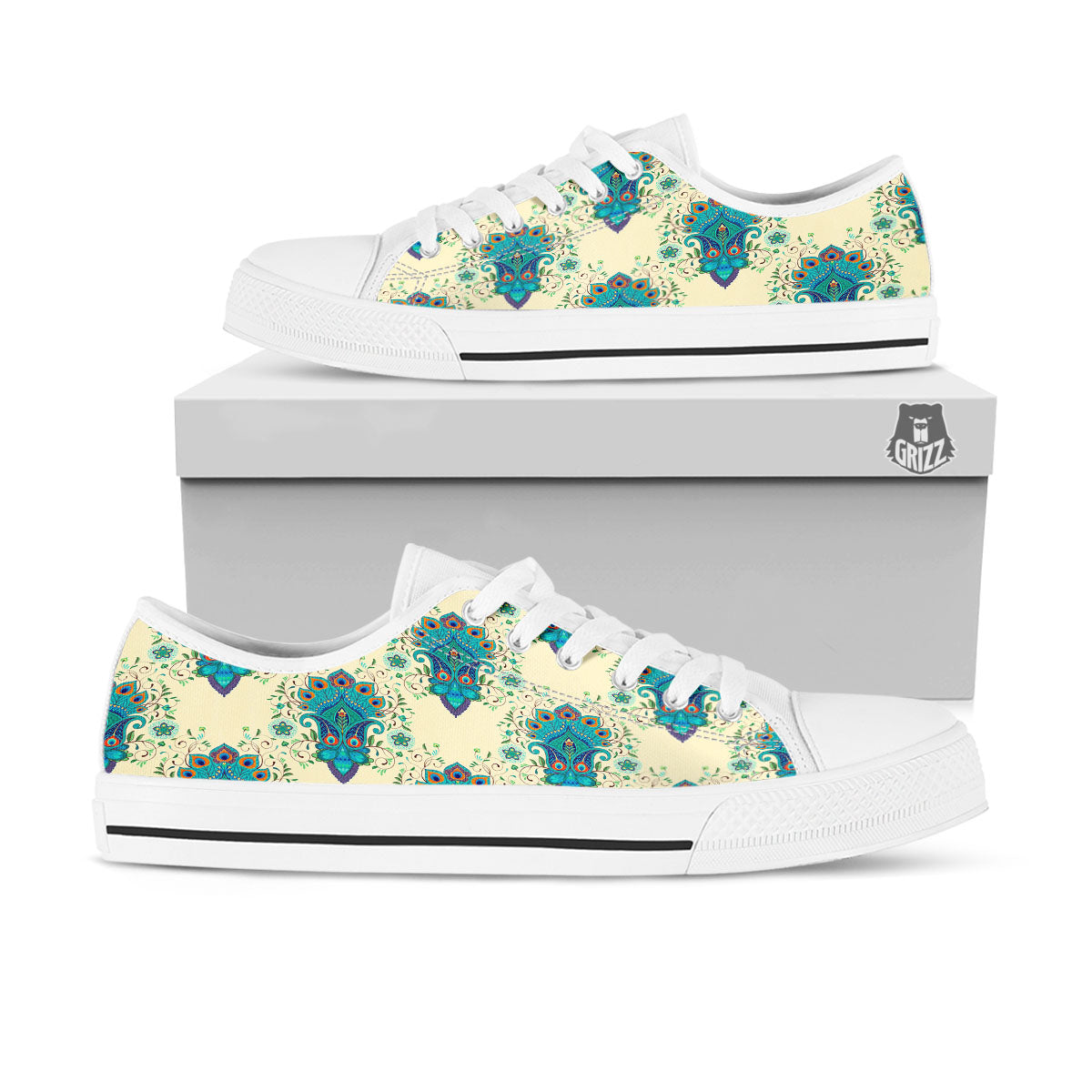 Peacock Feather Vintage Print Pattern White Low Top Shoes-grizzshop