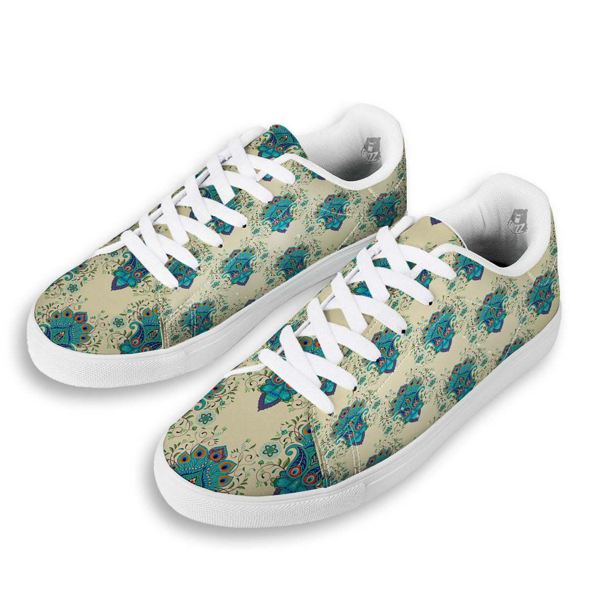 Peacock Feather Vintage Print Pattern White Low Top Sneakers-grizzshop