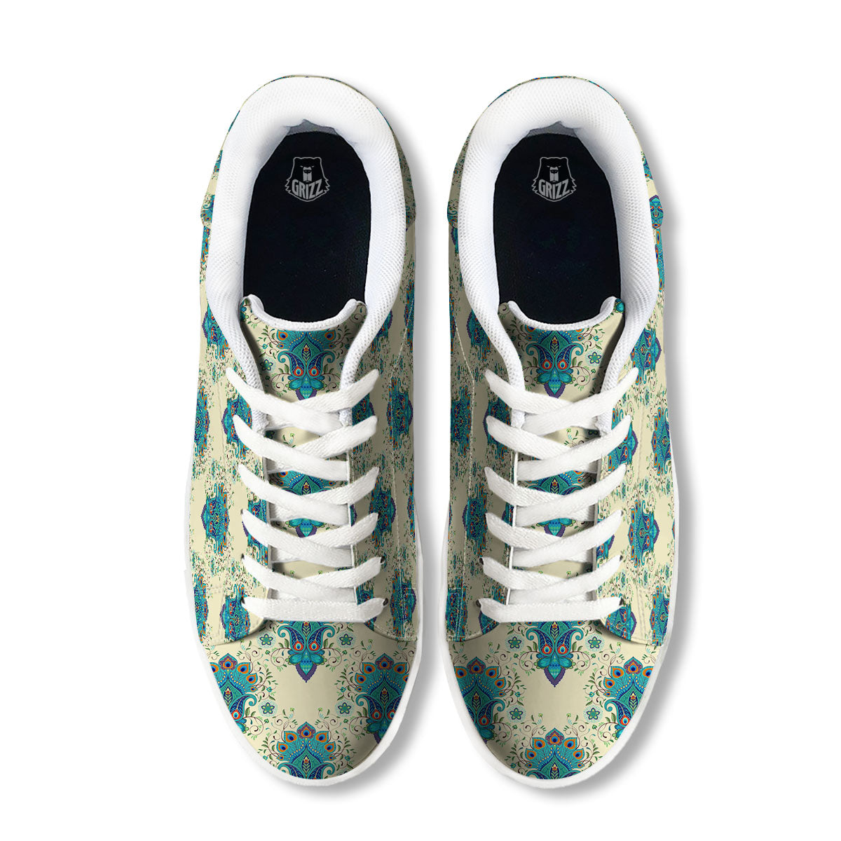 Peacock Feather Vintage Print Pattern White Low Top Sneakers-grizzshop