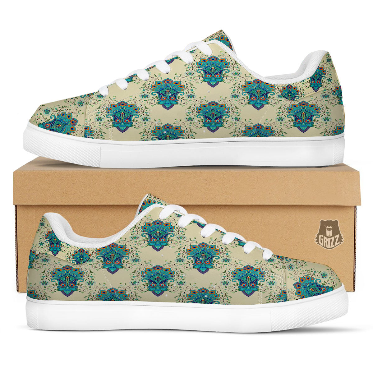 Peacock Feather Vintage Print Pattern White Low Top Sneakers-grizzshop
