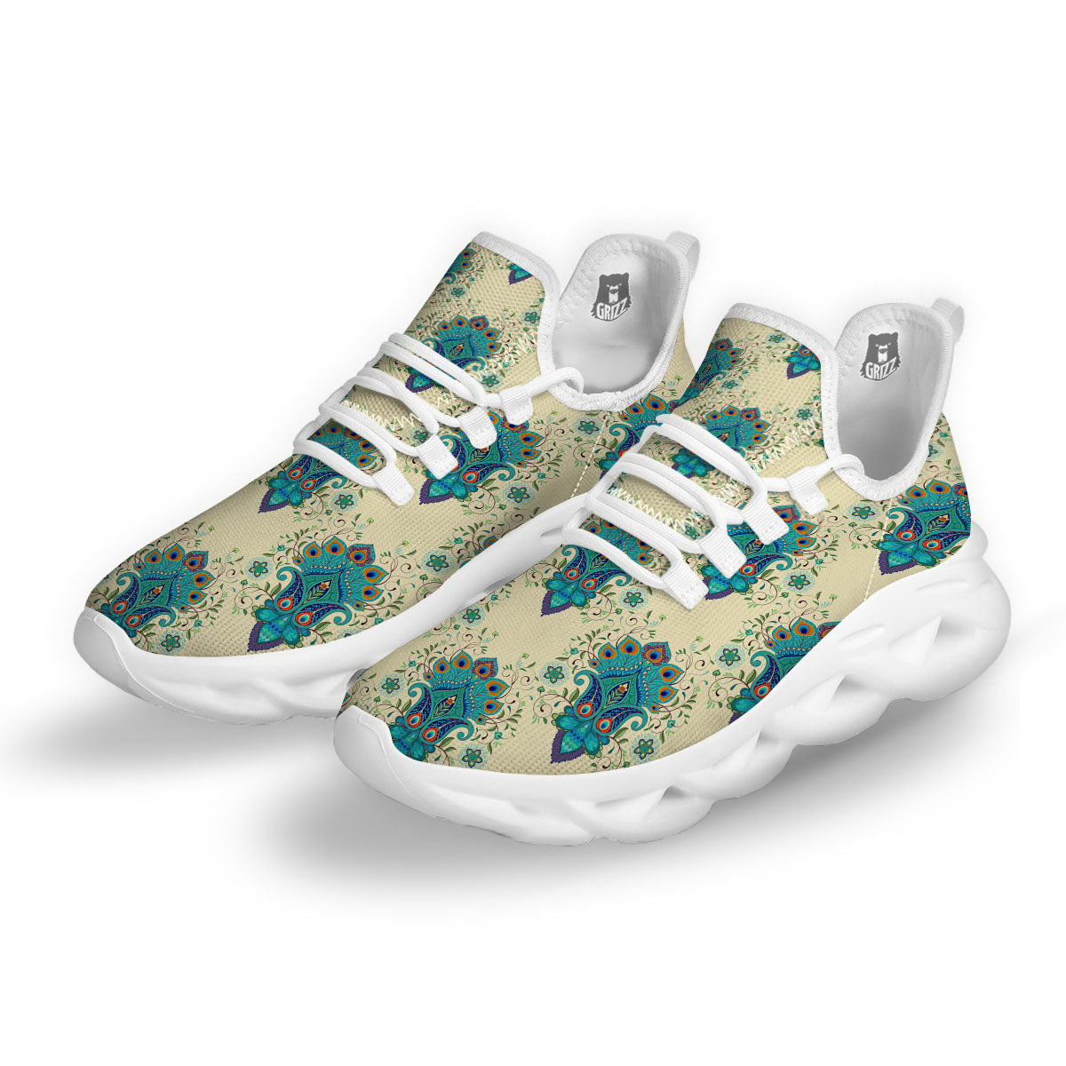 Peacock Feather Vintage Print Pattern White Running Shoes-grizzshop