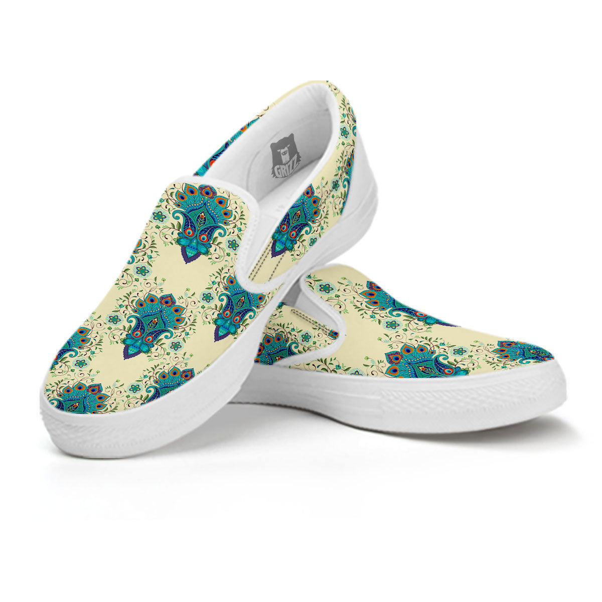 Peacock Feather Vintage Print Pattern White Slip On Shoes-grizzshop