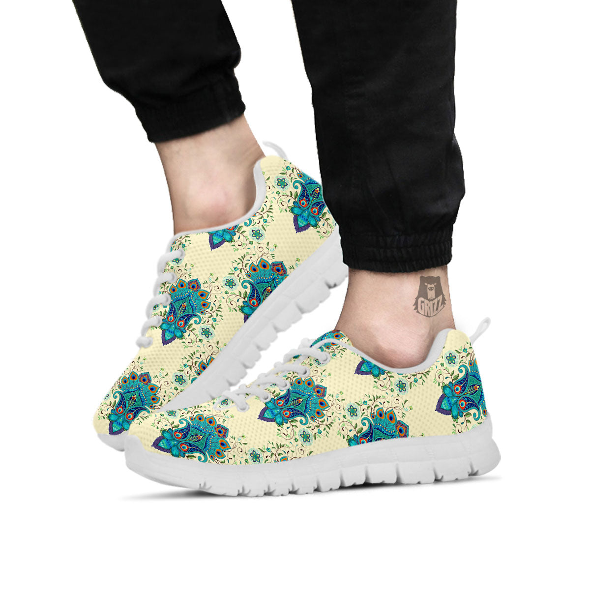 Peacock Feather Vintage Print Pattern White Sneaker-grizzshop