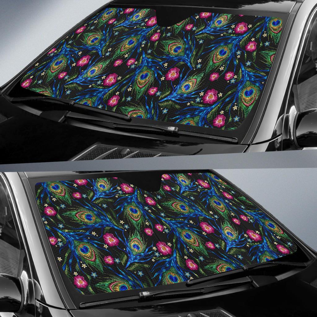 Peacock Rose Feather Pattern Print Car Sun Shade-grizzshop