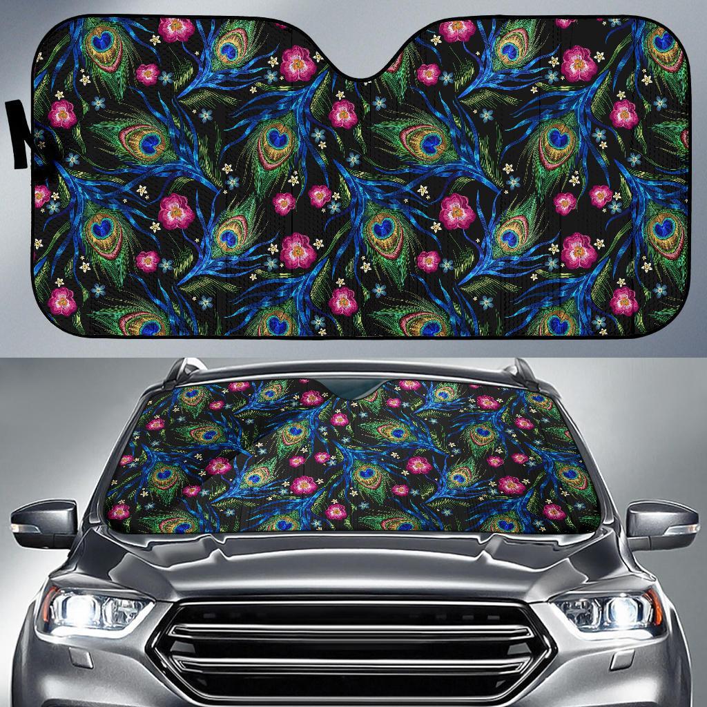 Peacock Rose Feather Pattern Print Car Sun Shade-grizzshop