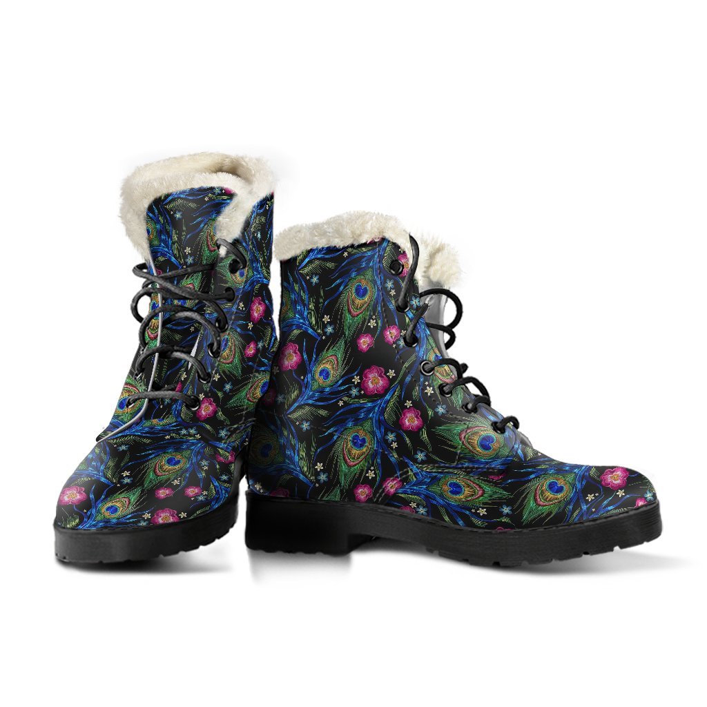 Peacock Rose Feather Pattern Print Comfy Winter Boots-grizzshop