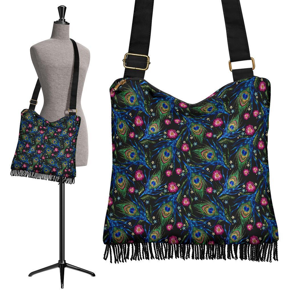 Peacock Rose Feather Pattern Print Crossbody Bags-grizzshop