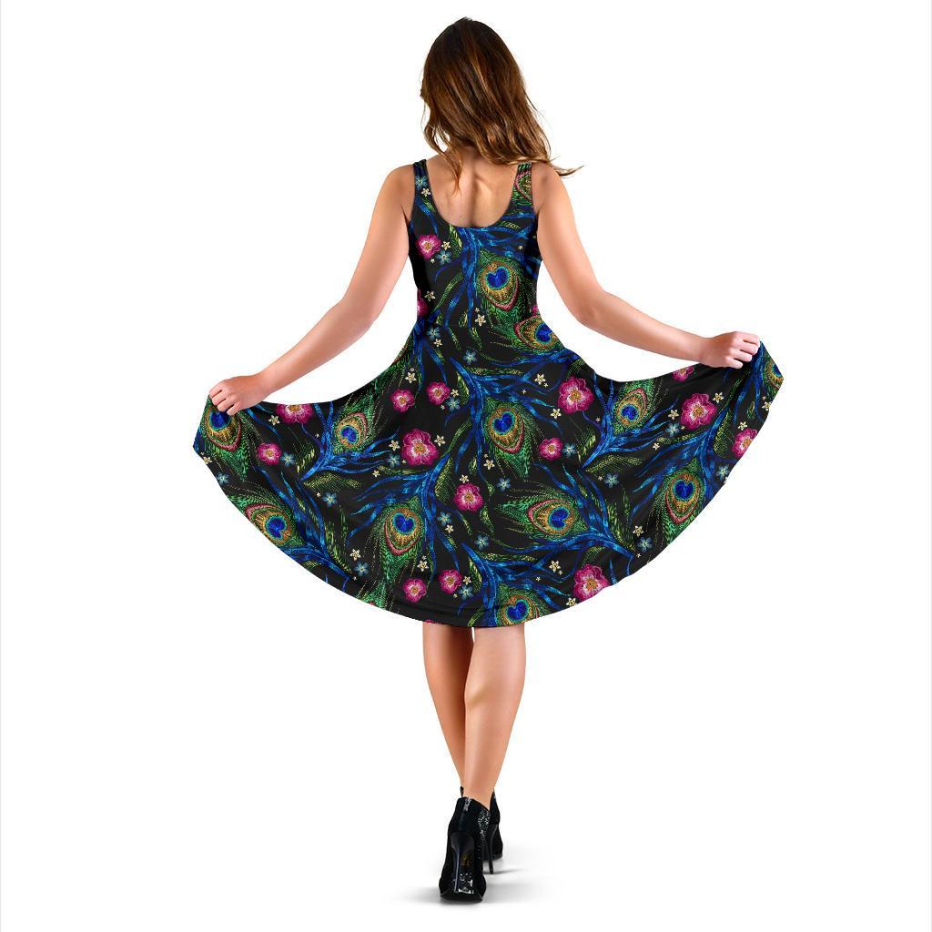 Peacock Rose Feather Pattern Print Dress-grizzshop
