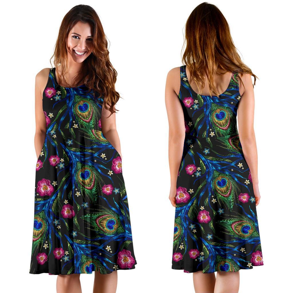 Peacock Rose Feather Pattern Print Dress-grizzshop