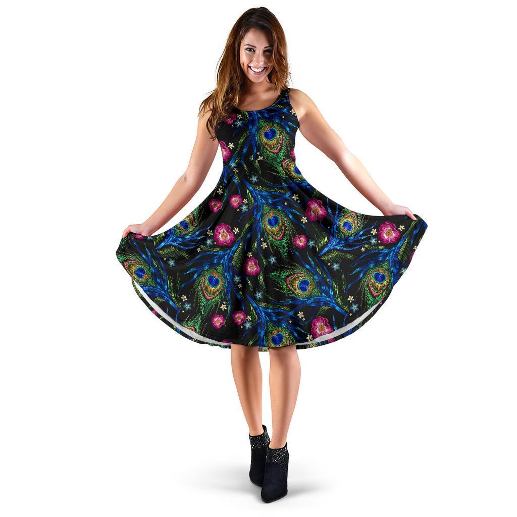 Peacock Rose Feather Pattern Print Dress-grizzshop