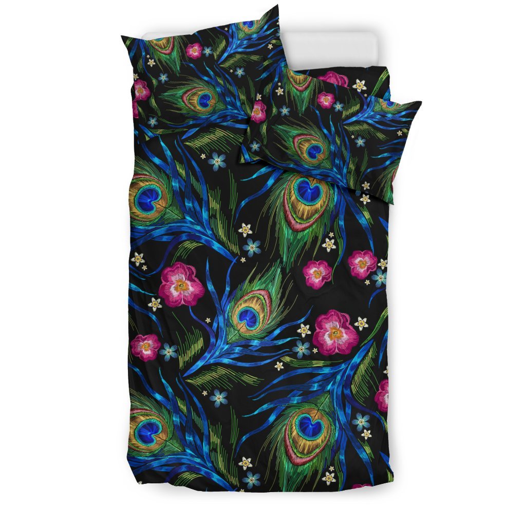 Peacock Rose Feather Pattern Print Duvet Cover Bedding Set-grizzshop