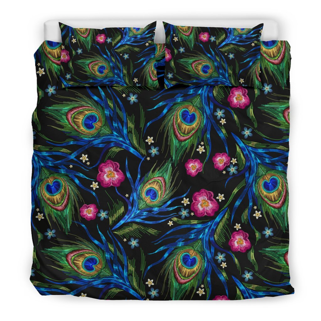 Peacock Rose Feather Pattern Print Duvet Cover Bedding Set-grizzshop