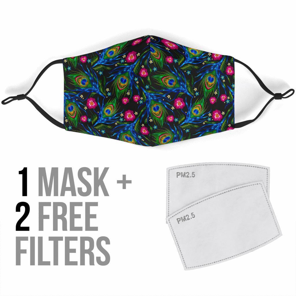 Peacock Rose Feather Pattern Print Face Mask-grizzshop