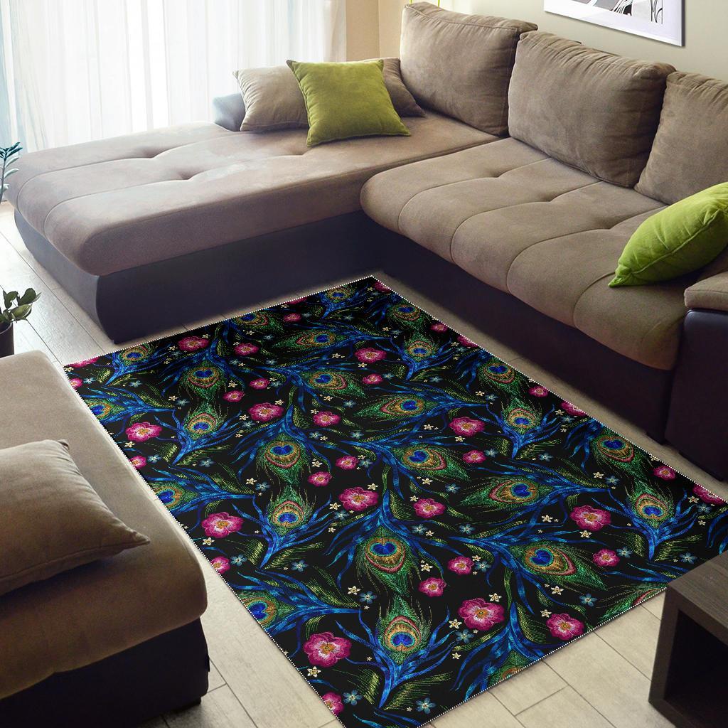 Peacock Rose Feather Pattern Print Floor Mat-grizzshop