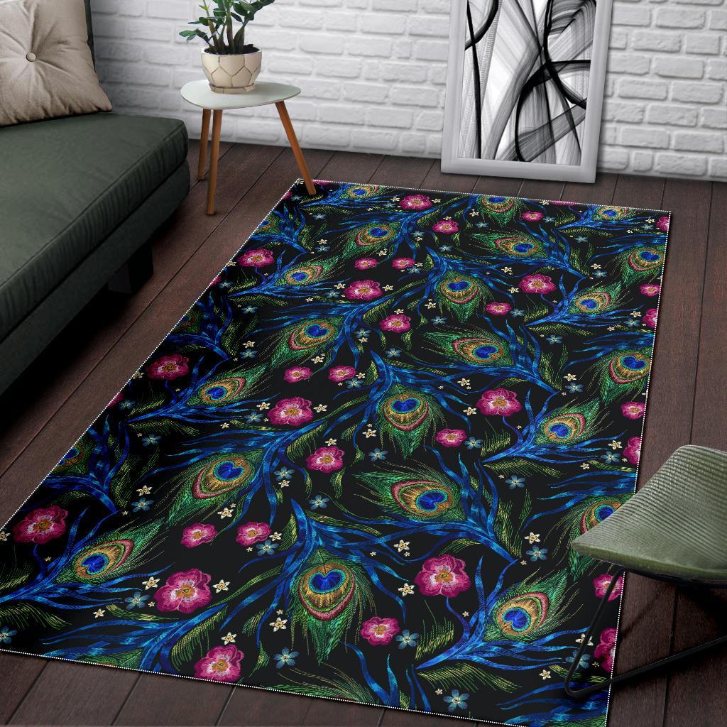 Peacock Rose Feather Pattern Print Floor Mat-grizzshop