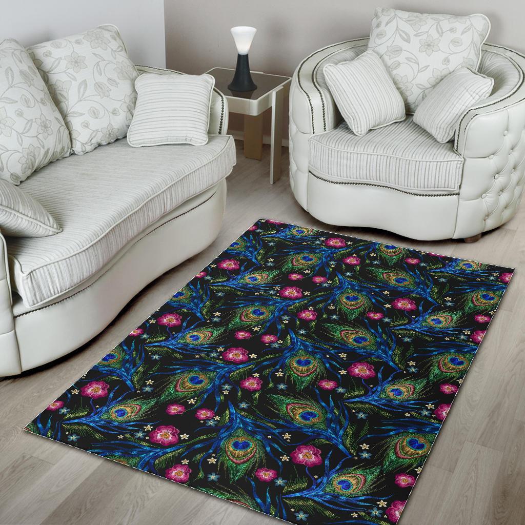 Peacock Rose Feather Pattern Print Floor Mat-grizzshop