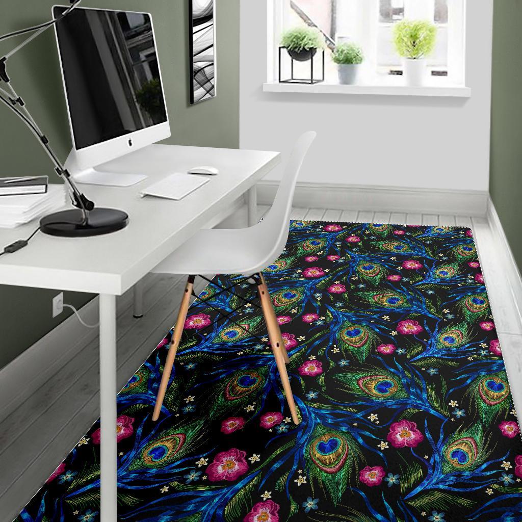 Peacock Rose Feather Pattern Print Floor Mat-grizzshop