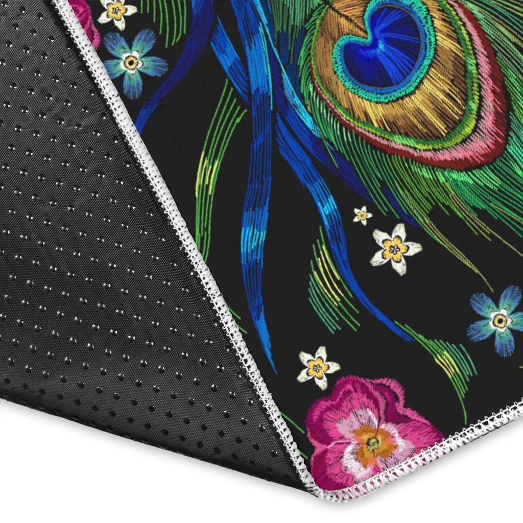 Peacock Rose Feather Pattern Print Floor Mat-grizzshop