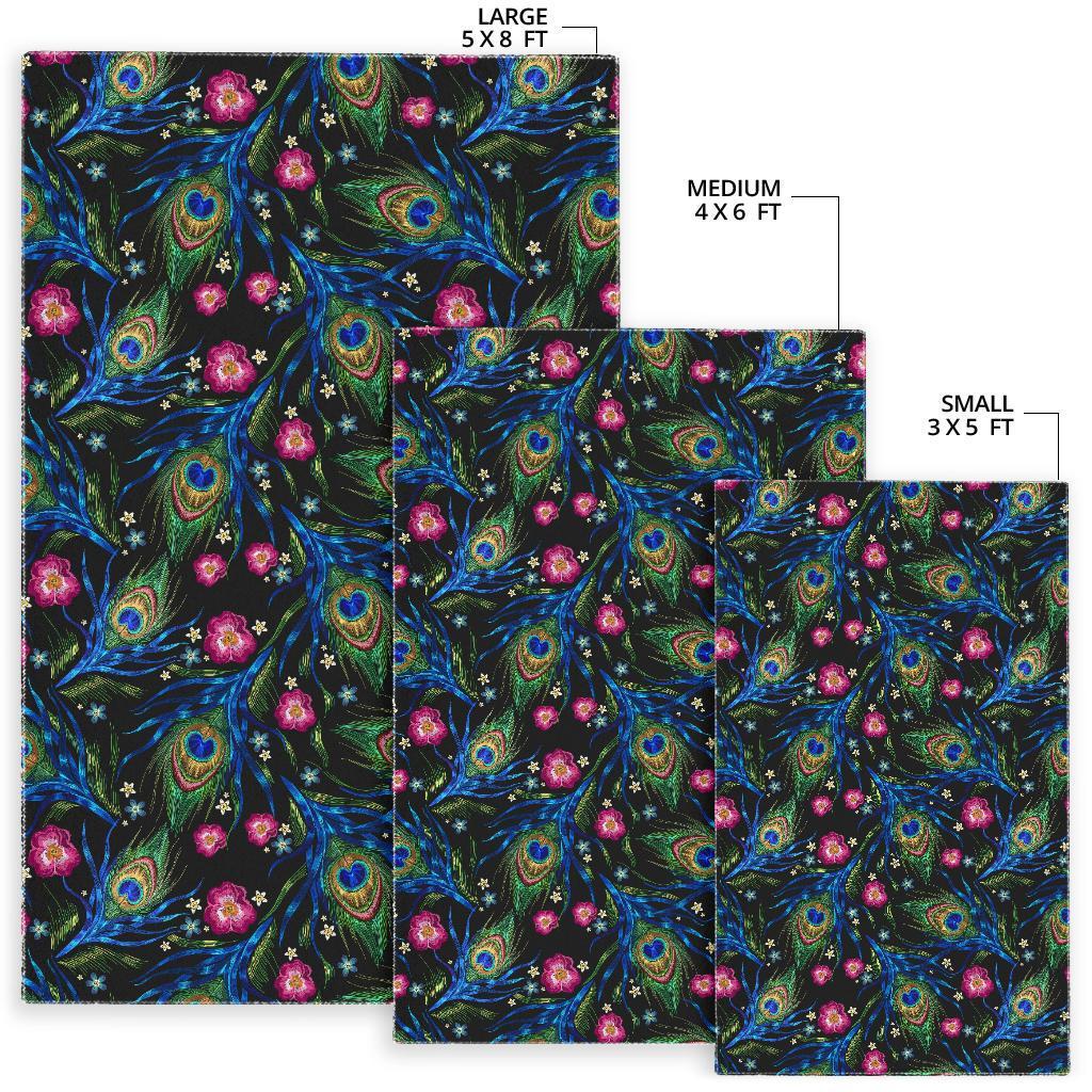 Peacock Rose Feather Pattern Print Floor Mat-grizzshop