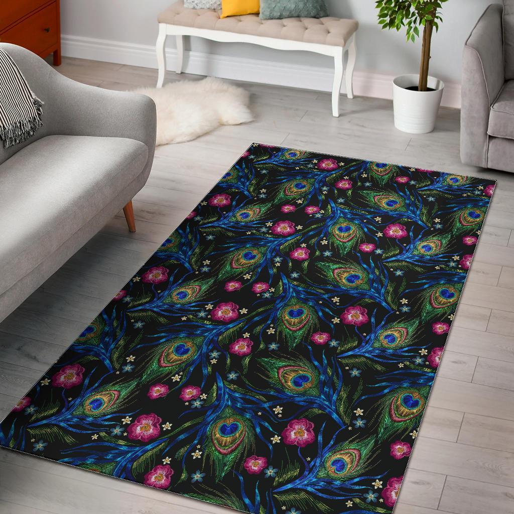 Peacock Rose Feather Pattern Print Floor Mat-grizzshop