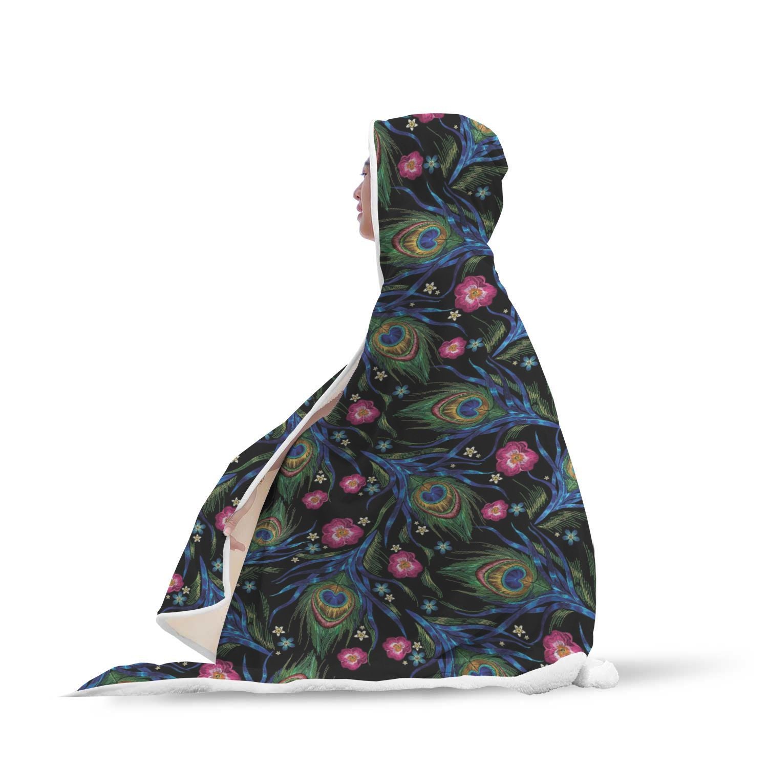 Peacock Rose Feather Pattern Print Hooded Blanket-grizzshop