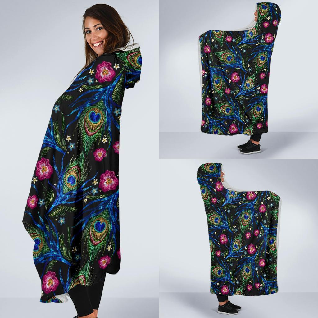 Peacock Rose Feather Pattern Print Hooded Blanket-grizzshop