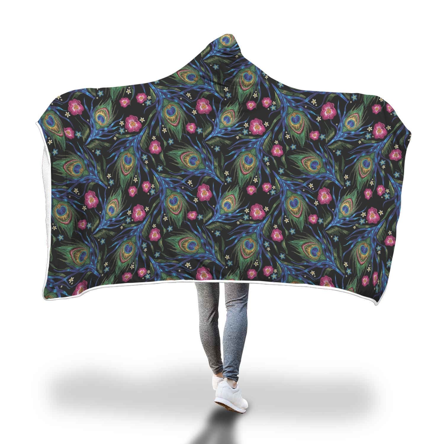 Peacock Rose Feather Pattern Print Hooded Blanket-grizzshop