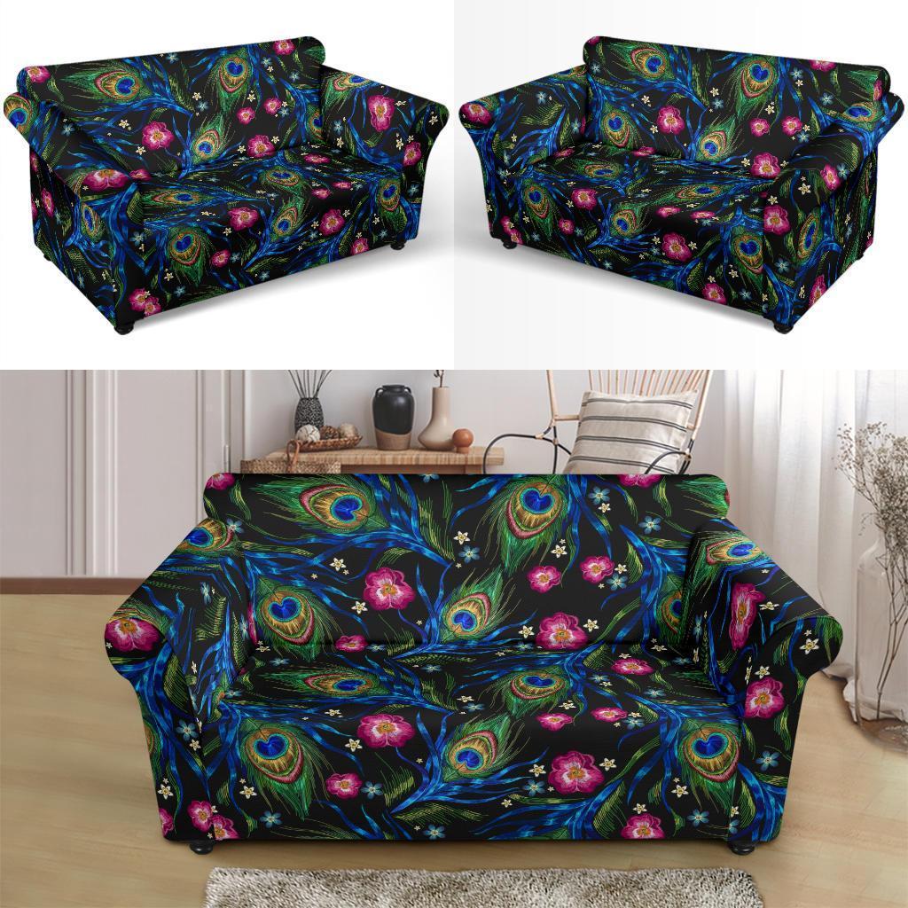 Peacock Rose Feather Pattern Print Loveseat Cover-grizzshop