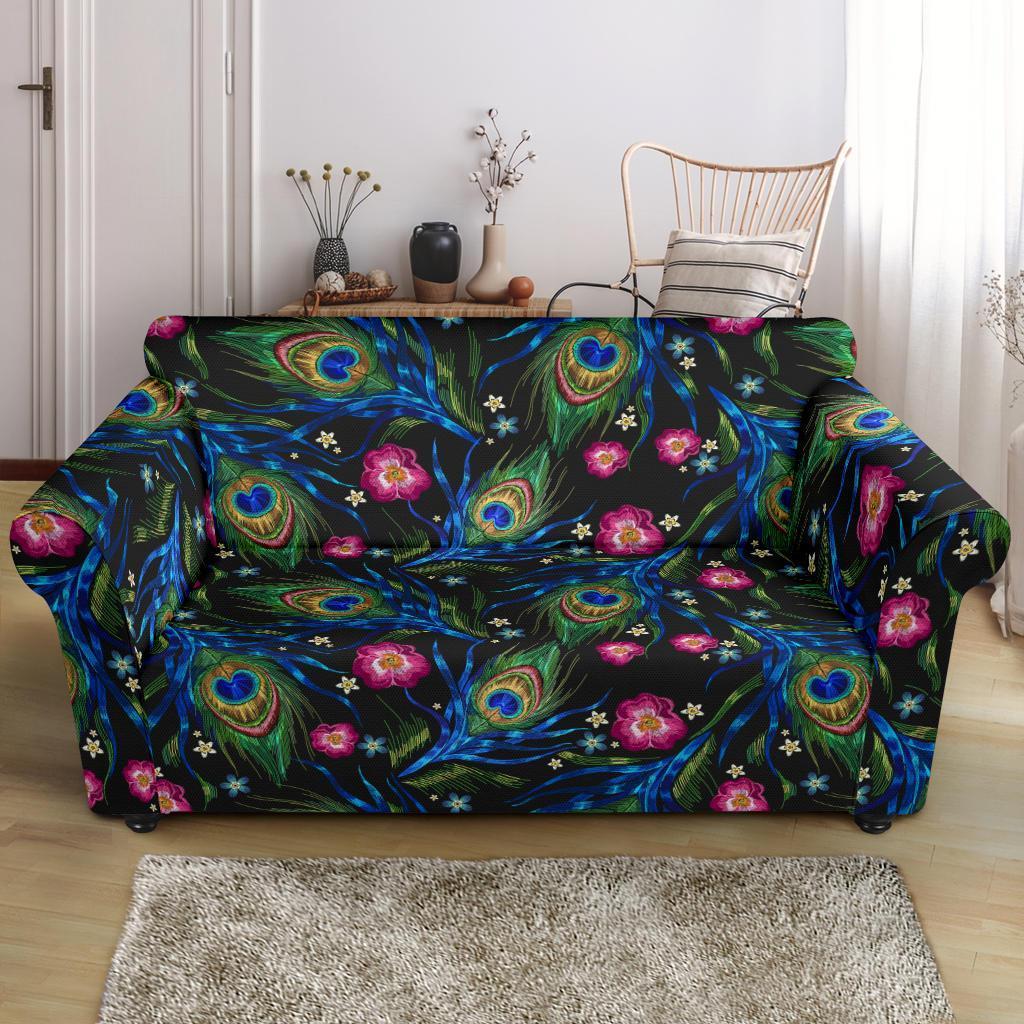 Peacock Rose Feather Pattern Print Loveseat Cover-grizzshop