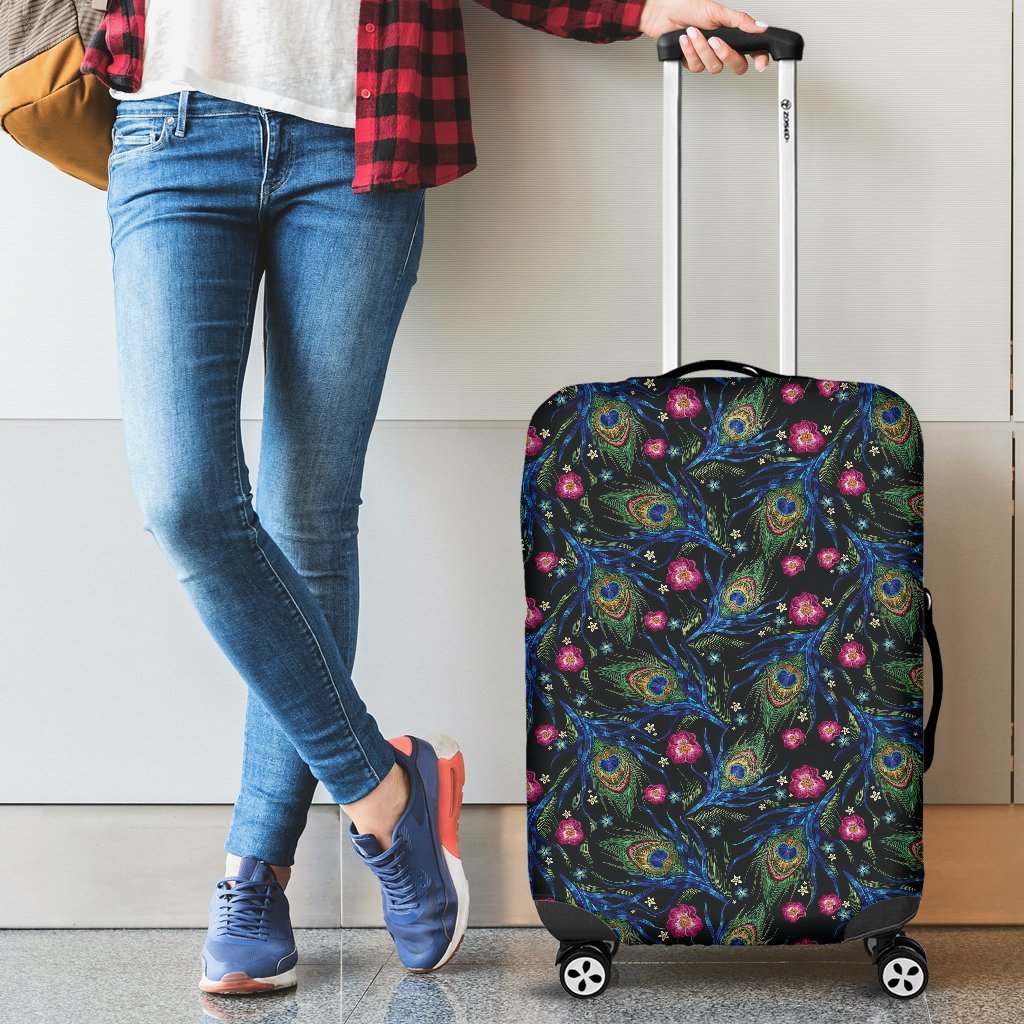 Peacock Rose Feather Pattern Print Luggage Cover Protector-grizzshop