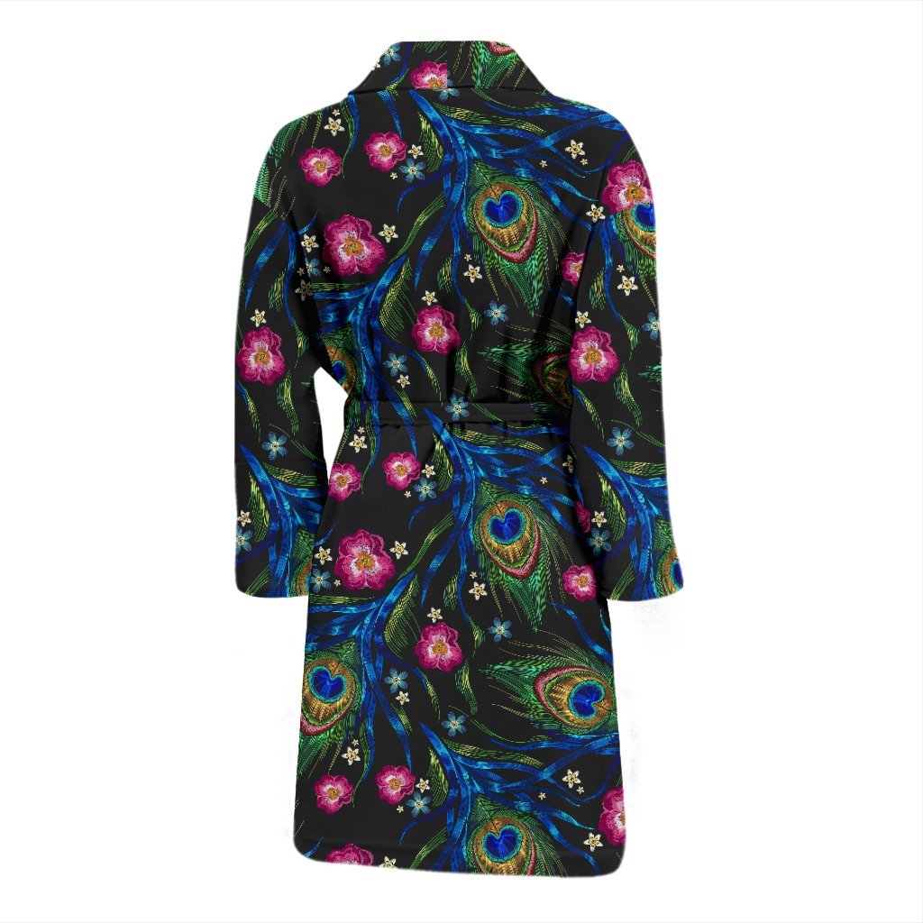 Peacock Rose Feather Pattern Print Men Long Robe-grizzshop