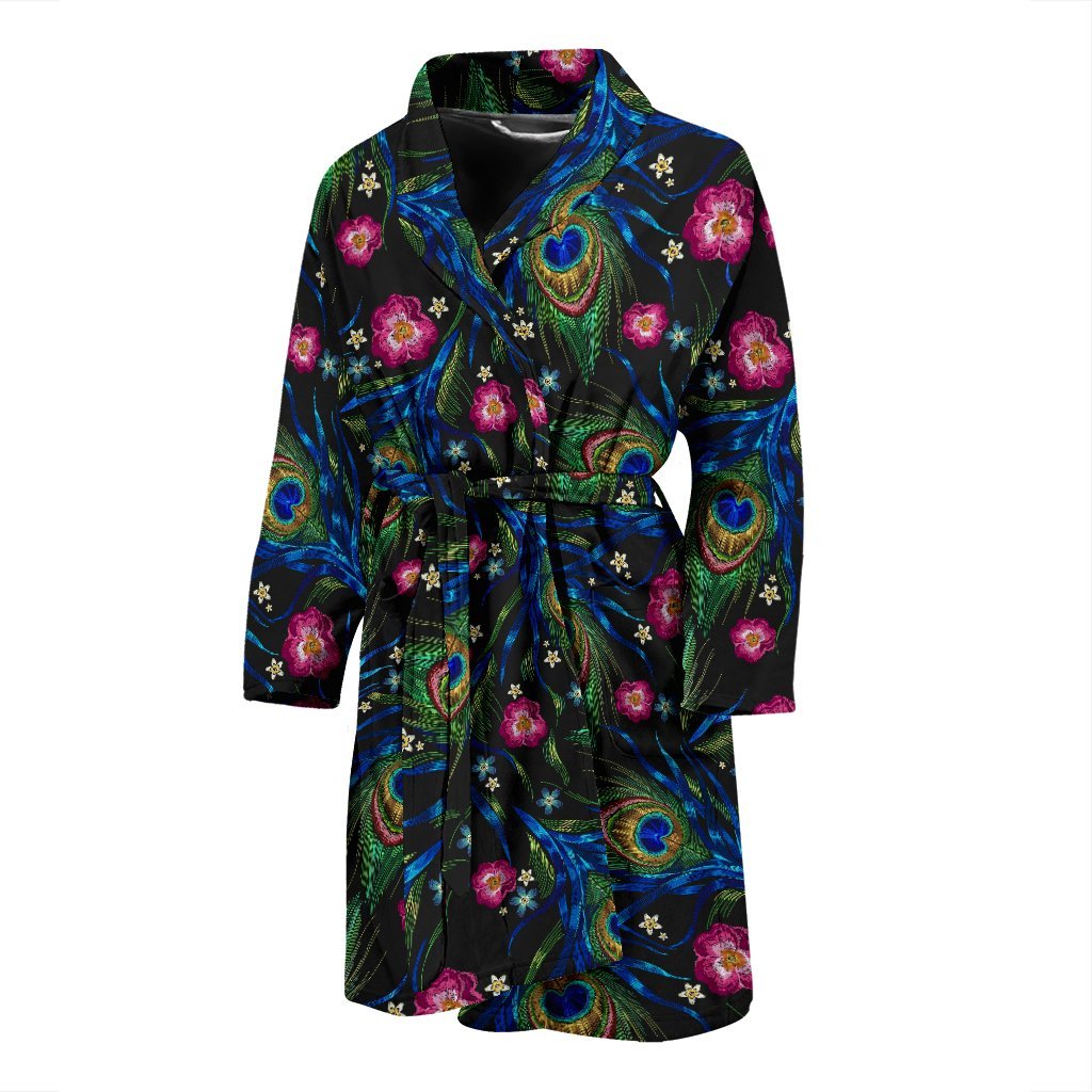 Peacock Rose Feather Pattern Print Men Long Robe-grizzshop