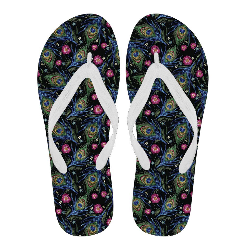 Peacock Rose Feather Pattern Print Men & Women Flip Flops-grizzshop